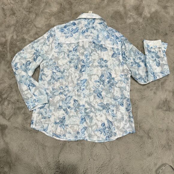 Chico’s Women Floral Button-Up Shirt Blue White Sheer Long Sleeve Blouse Size L - Picture 10 of 11